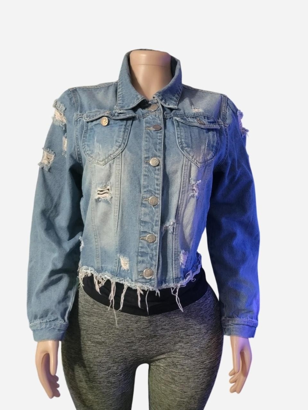 Women's Distressed Light Blue Cropped Jean Jacket